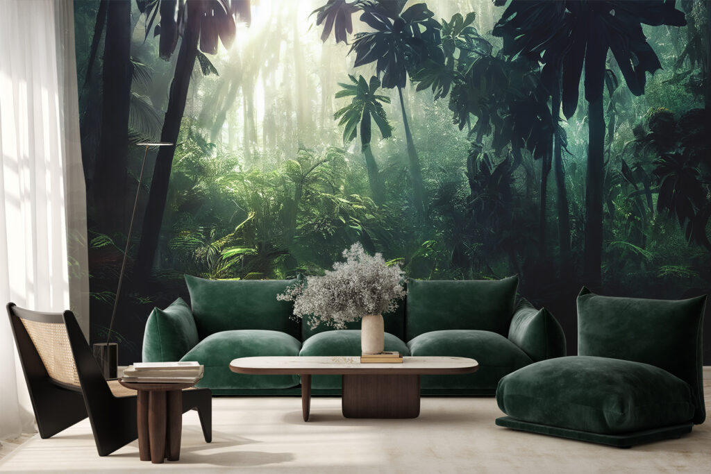 Realistischer Jungle Motiv auf Fototapete im Wohnzimmer